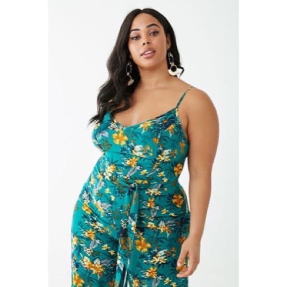 Forever 21 Pants - Green Floral Jumpsuit with Tie waist